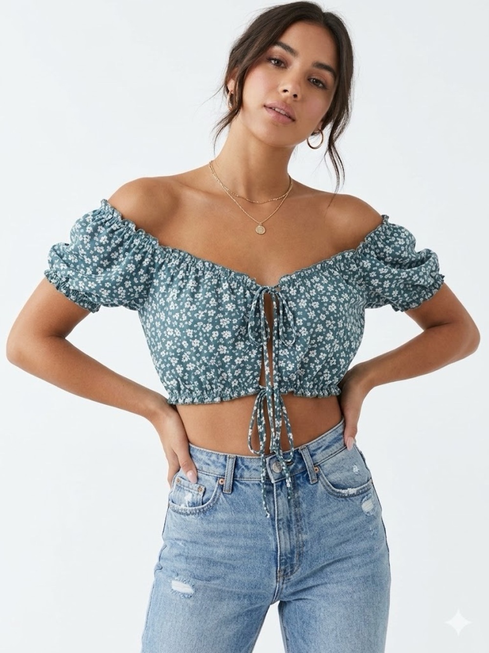 Papaya Teal Ditsy Floral Off-Shoulder Two Tie-Front Crop Top
